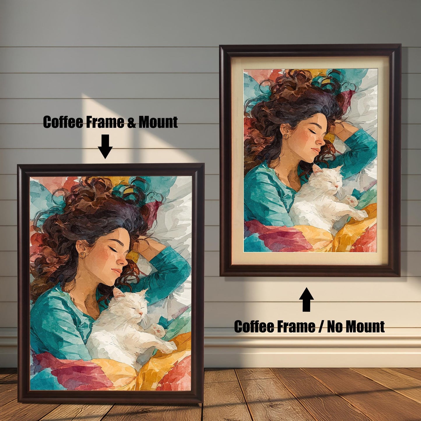 A side-by-side comparison of a framed art print. The left image shows the print in a thick coffee-colored frame with a white mat, and the right image shows the print in a thinner coffee frame without a mat.