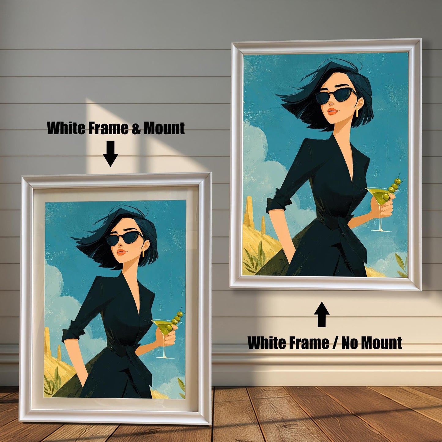 A side-by-side comparison of a framed art print. The left image shows the print in a thick white frame with a white mat, and the right image shows the print in a thinner white frame without a mat.
