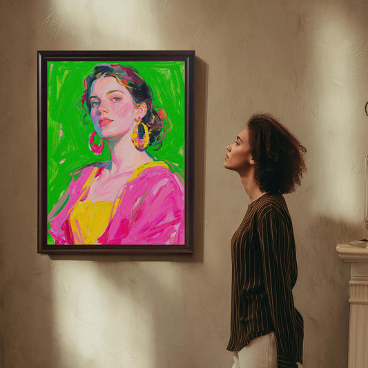 A stylish woman with dark, curly hair stands in a dimly lit room, looking up at a large framed portrait of a woman with bright pink and yellow clothing. The art has a dark wood frame.