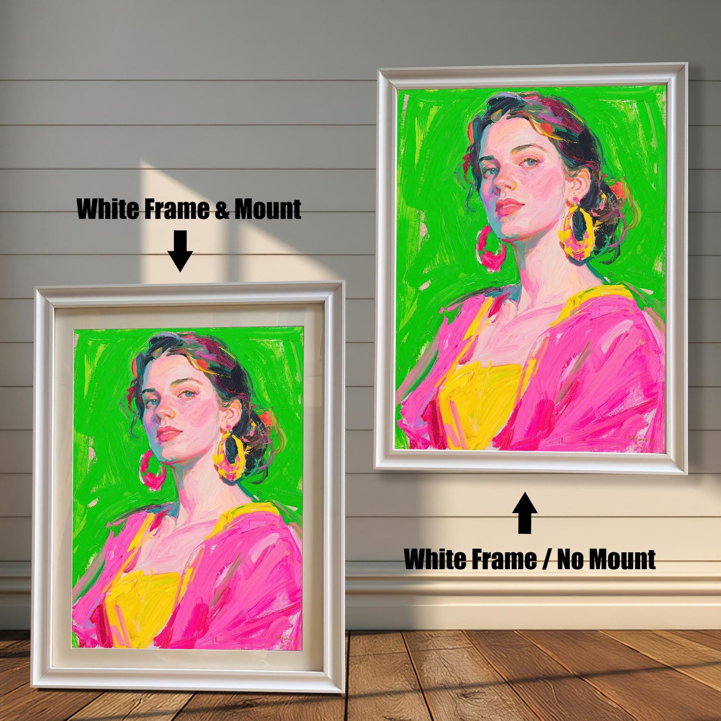 Two framed art pieces are shown side by side against a paneled wall. One is a "White Frame & Mount," and the other is a "White Frame / No Mount," demonstrating the effect of a mat.
