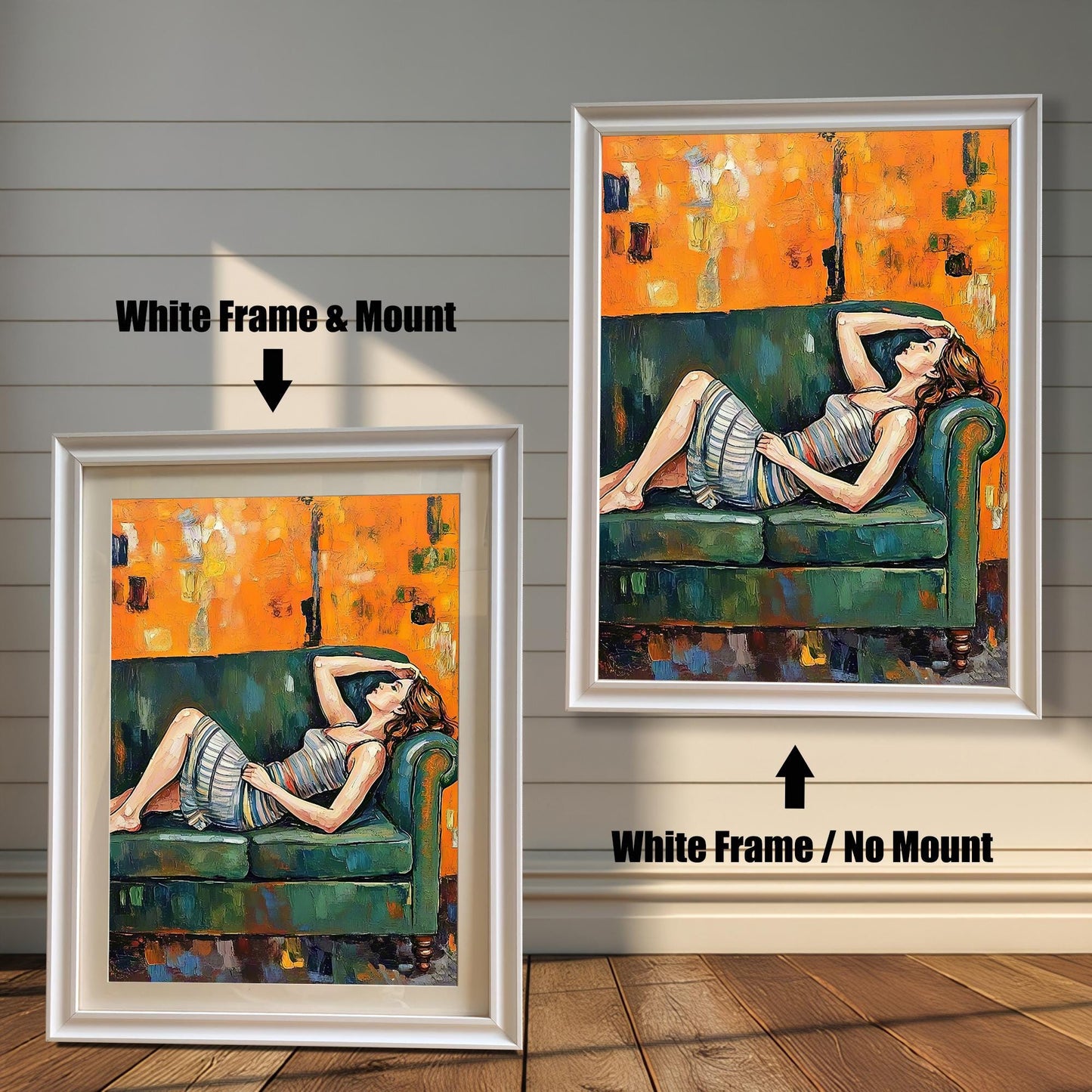 Two framed paintings are shown side by side against a paneled wall. One is a "White Frame & Mount," and the other is a "White Frame / No Mount," showing the effect of a mat.