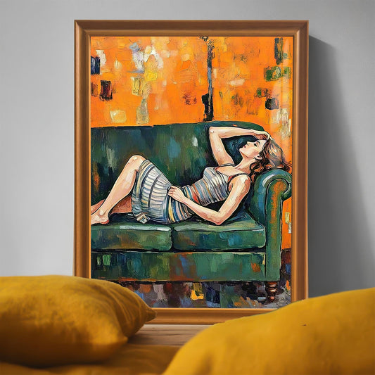 A framed oil painting is propped up on a bed with yellow pillows in the foreground. The art depicts a woman lying on a green couch against an orange background.
