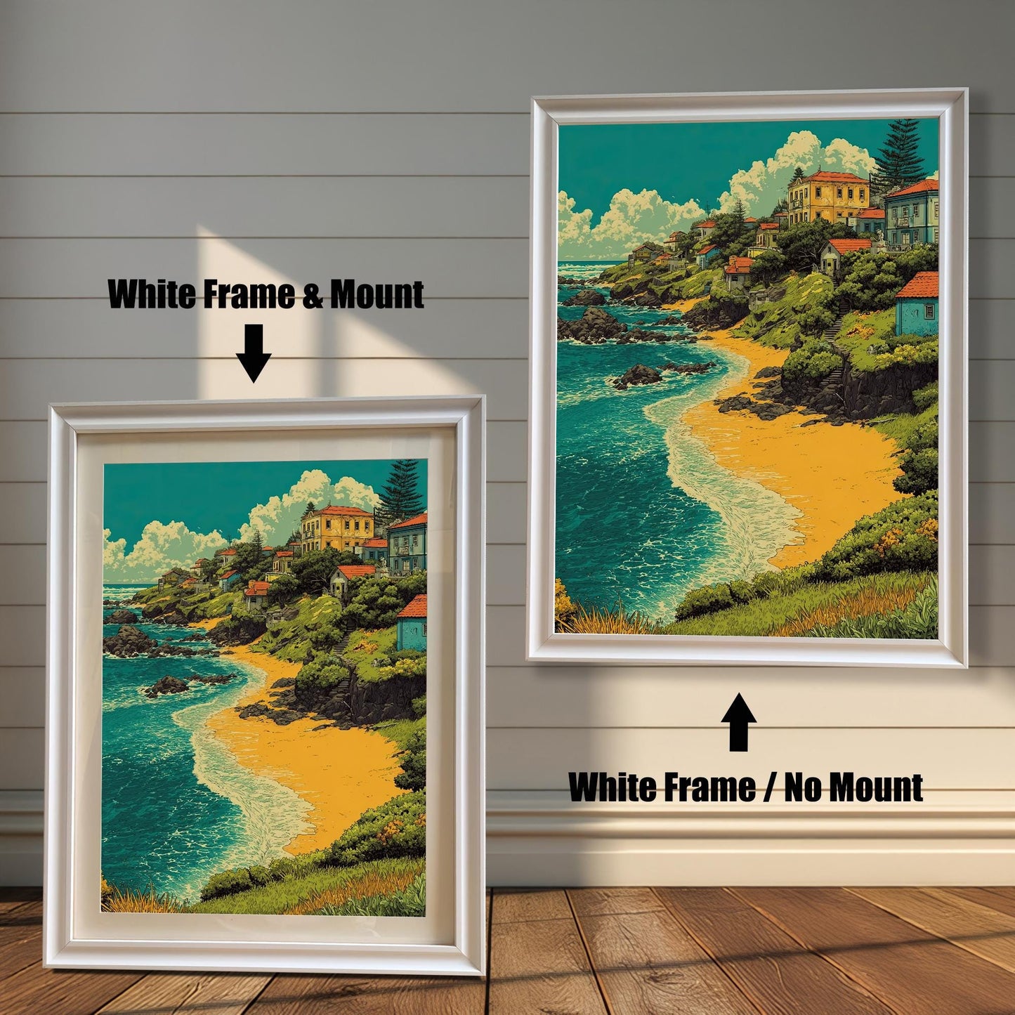 Two versions of a painting of a village by a beach in a white frame. The one on the left has a light-colored mat, and the one on the right has no mat.