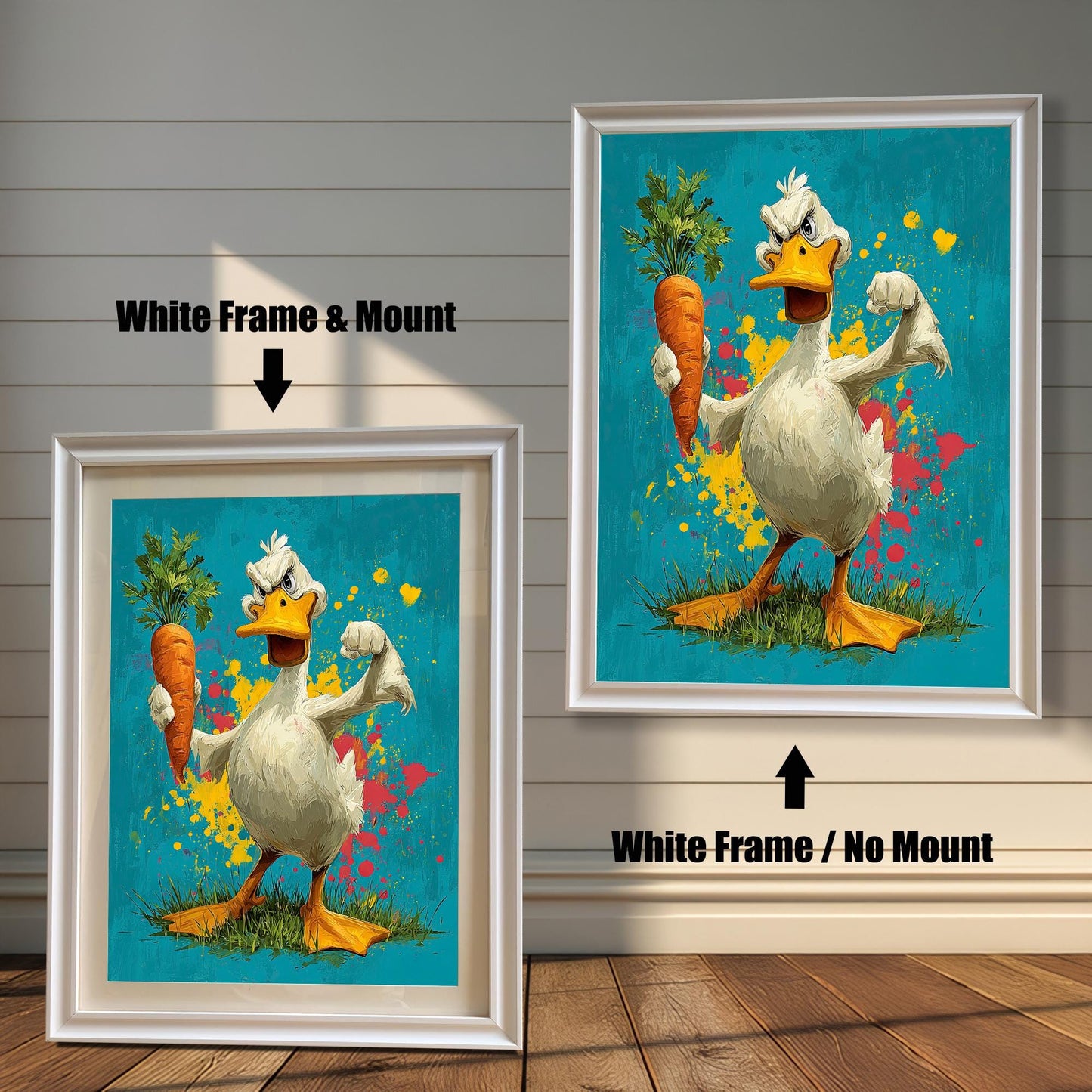 Two versions of the duck art: a **White Frame & Mount** (with a border/mat) on the left, and a **White Frame / No Mount** on the right, against a paneled wall.