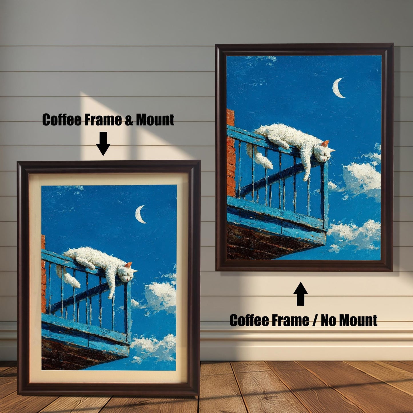 Two versions of the cat art: a **Coffee Frame & Mount** (with a border/mat) on the left, and a **Coffee Frame / No Mount** on the right, against a paneled wall.