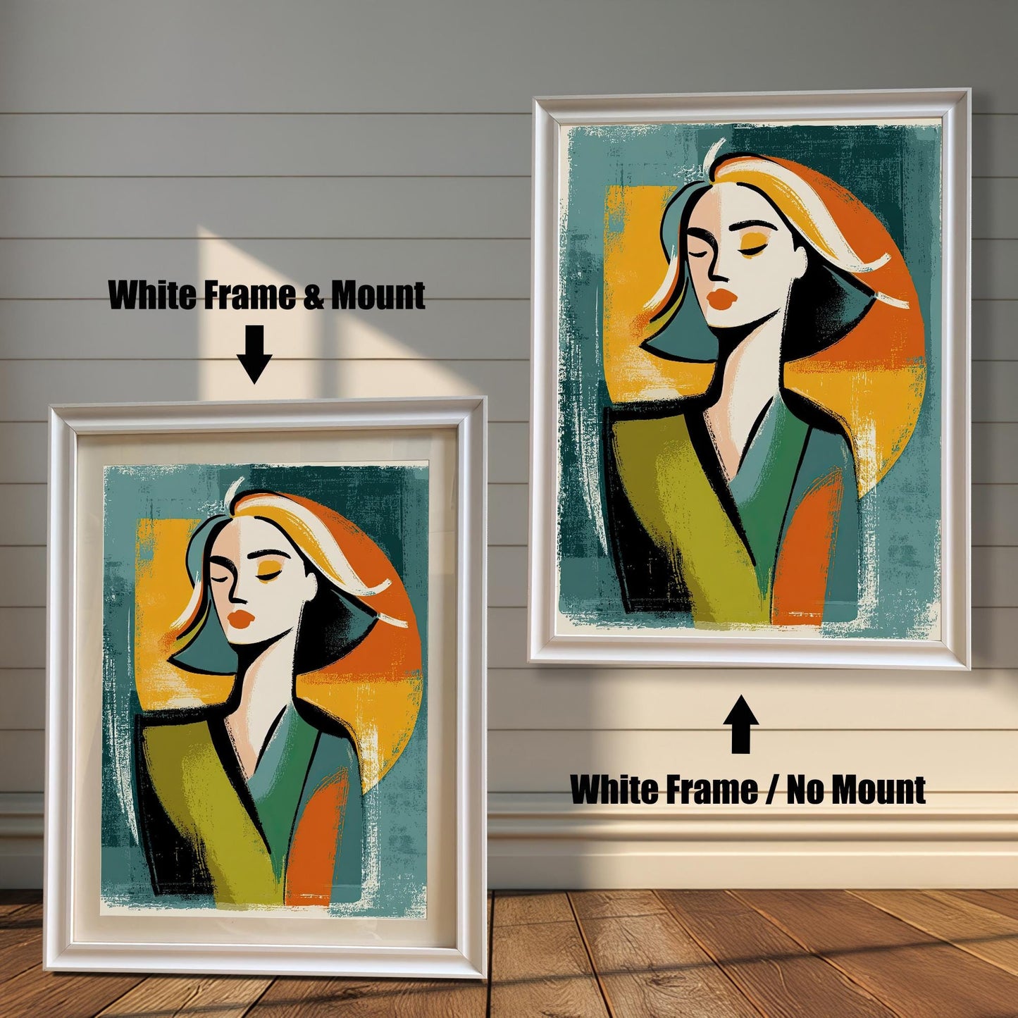 A side-by-side comparison of a framed print with a mount and without a mount. Both prints feature an abstract portrait and are in a white frame. Text labels the images "White Frame & Mount" and "White Frame / No Mount."