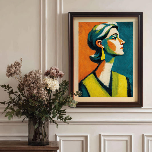 A framed print of a woman's abstract portrait. The frame is dark brown with a thin inner border and the painting is hanging on a white wall above a vase of flowers.