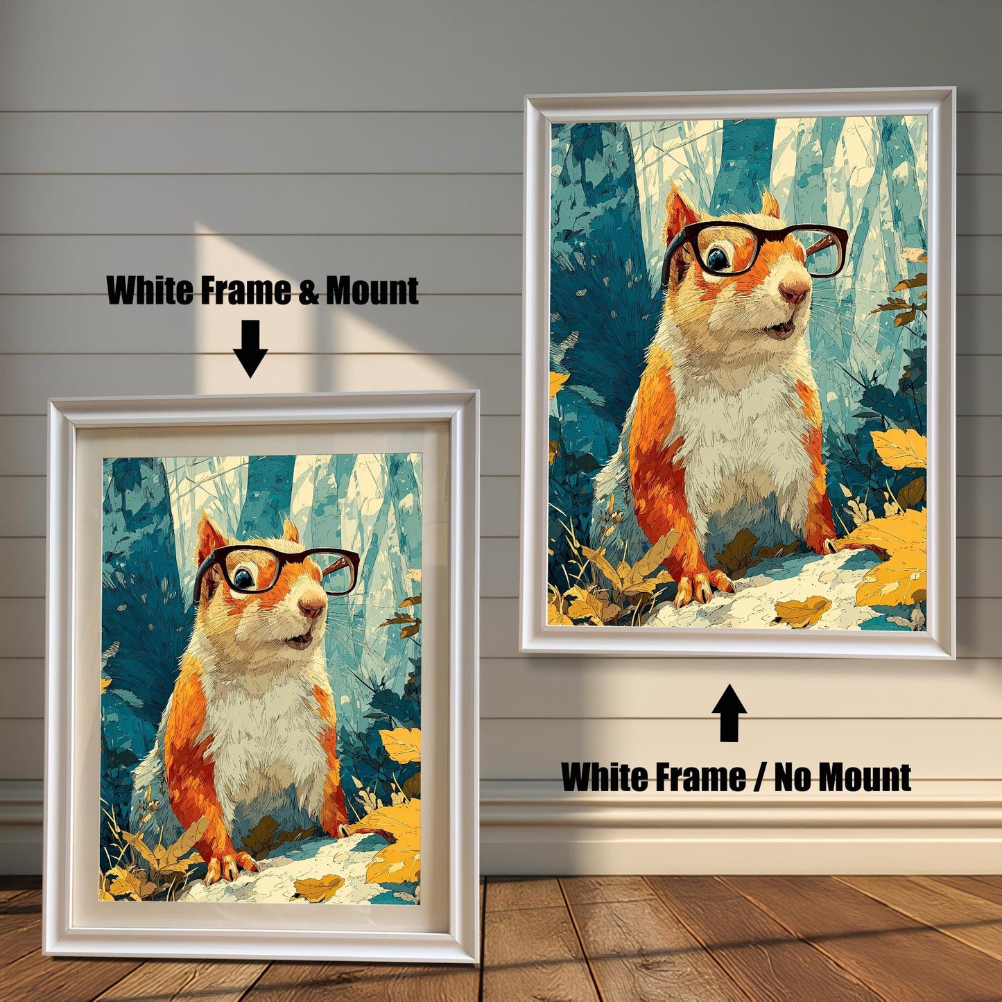 Comparison of the squirrel art in a White wood frame, showing options for with a Mount (matte) and No Mount.