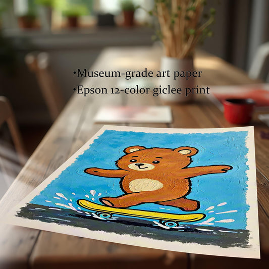 Close-up of the teddy bear print on a wooden table. Text describes the print quality: **Museum-grade art paper** and **Epson 12-color giclee print**.