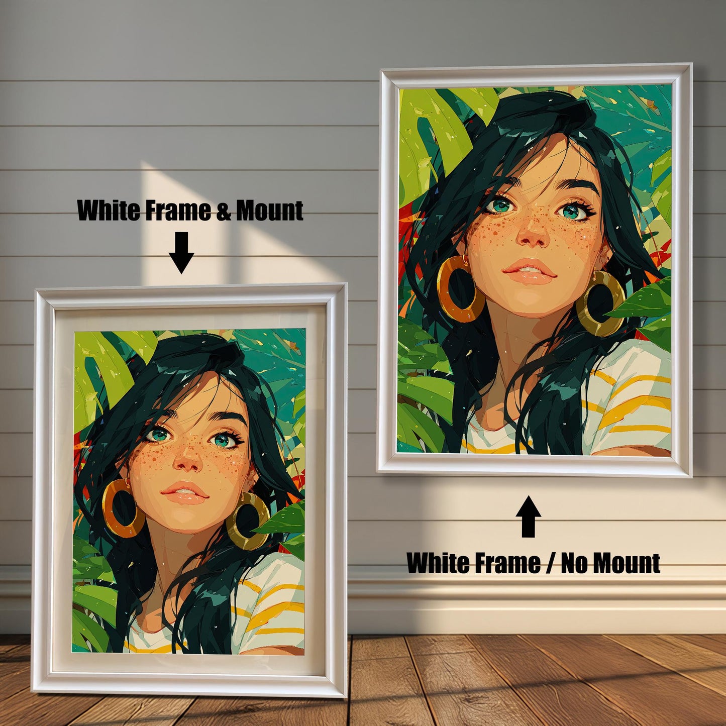 A print of a woman with black hair and green eyes is shown in two white frames against a wood wall. One has a mount, and the other doesn't, demonstrating the framing options.