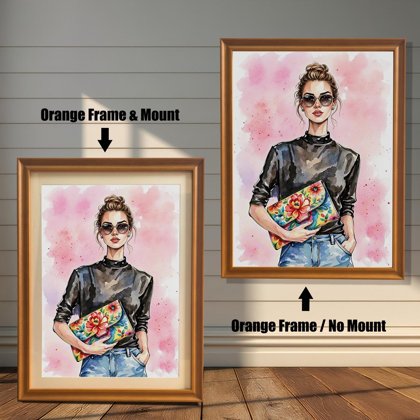 Two framed art prints on a wooden wall showing frame options. One print has an **Orange Frame & Mount**, and the other has an **Orange Frame / No Mount**.