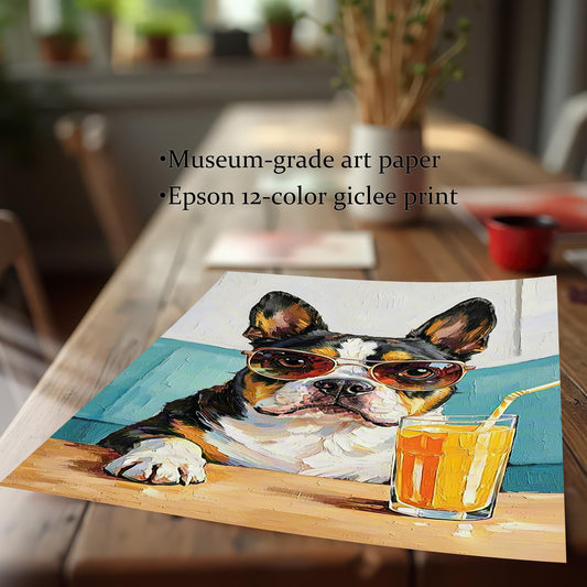 A close-up, unframed print of the dog painting lying on a wooden table. Text mentions "Museum-grade art paper" and "Epson 12-color giclee print."