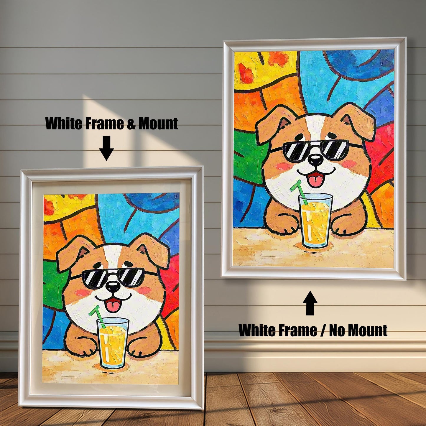 Comparison of the dog art print in a white frame with a mount (left) and a white frame with no mount (right).