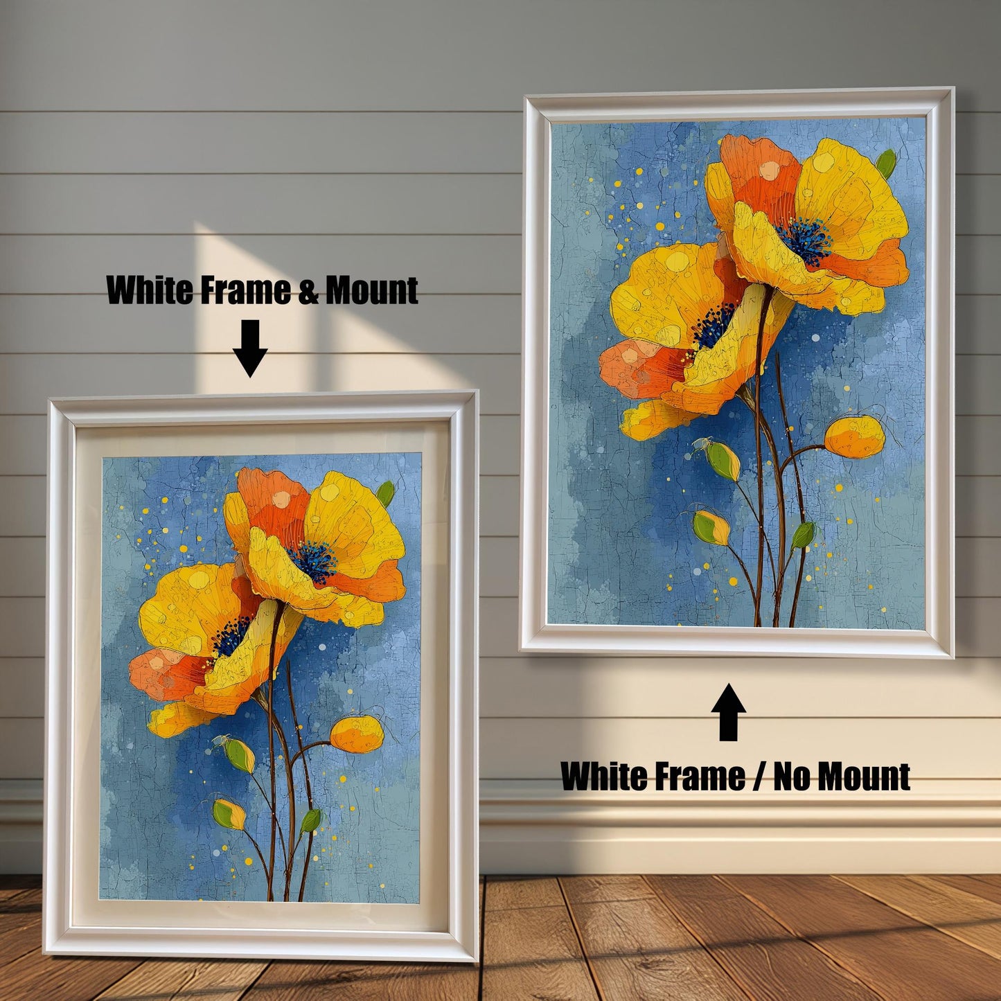 A side-by-side comparison of a framed poppy painting. The left image shows a white frame with a mount (mat), and the right shows a white frame with no mount.
