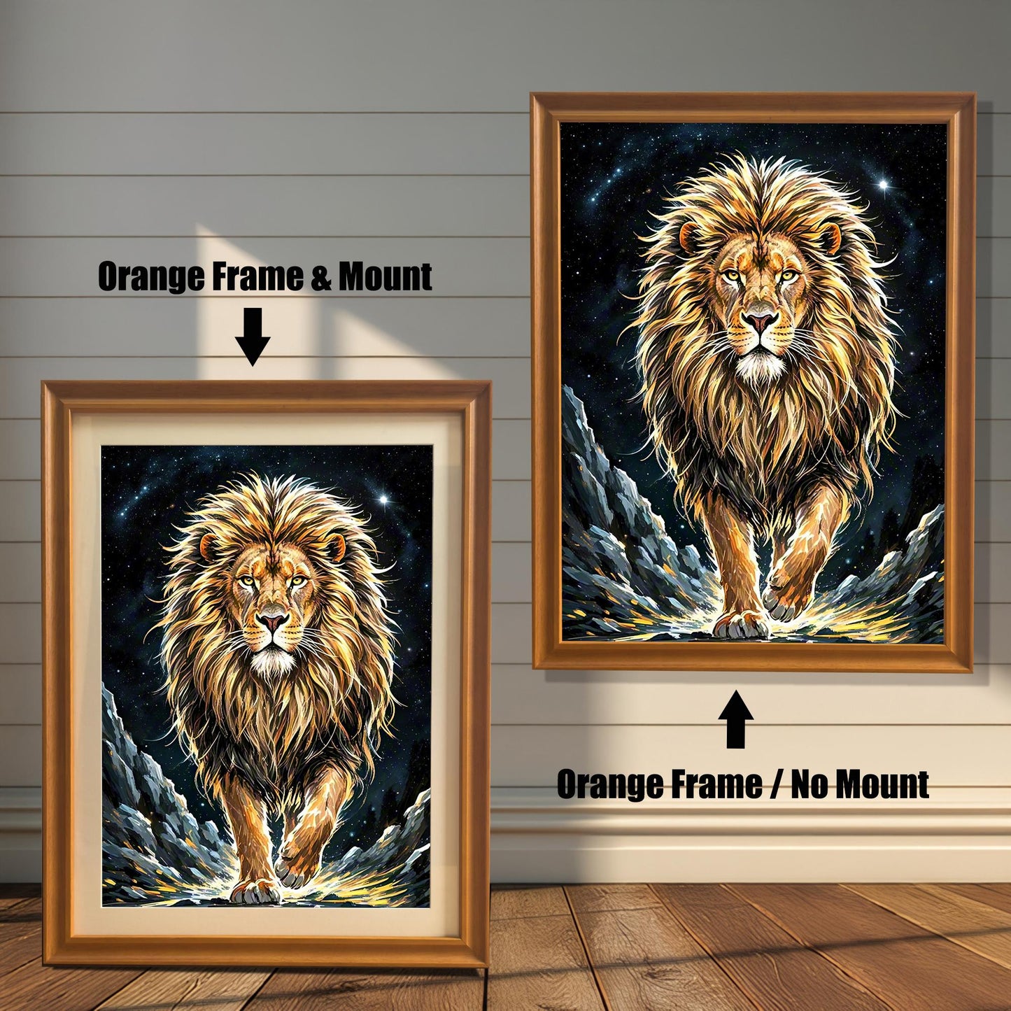 Two framed prints of a lion. The one on the left has an "Orange Frame & Mount," while the one on the right has an "Orange Frame / No Mount."