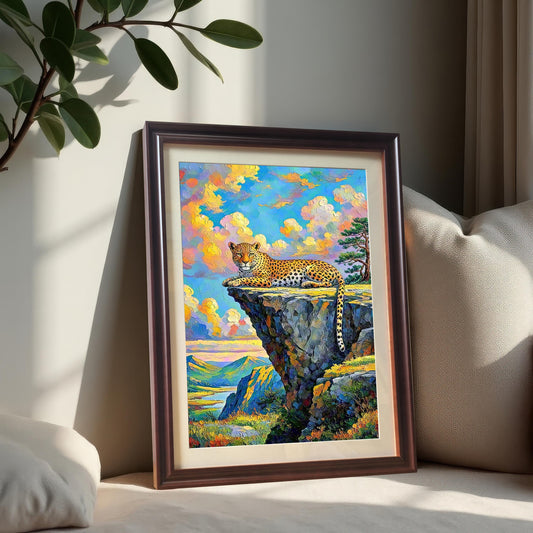 Framed wall art of a leopard on a cliffside, leaning on a beige sofa next to a pillow.