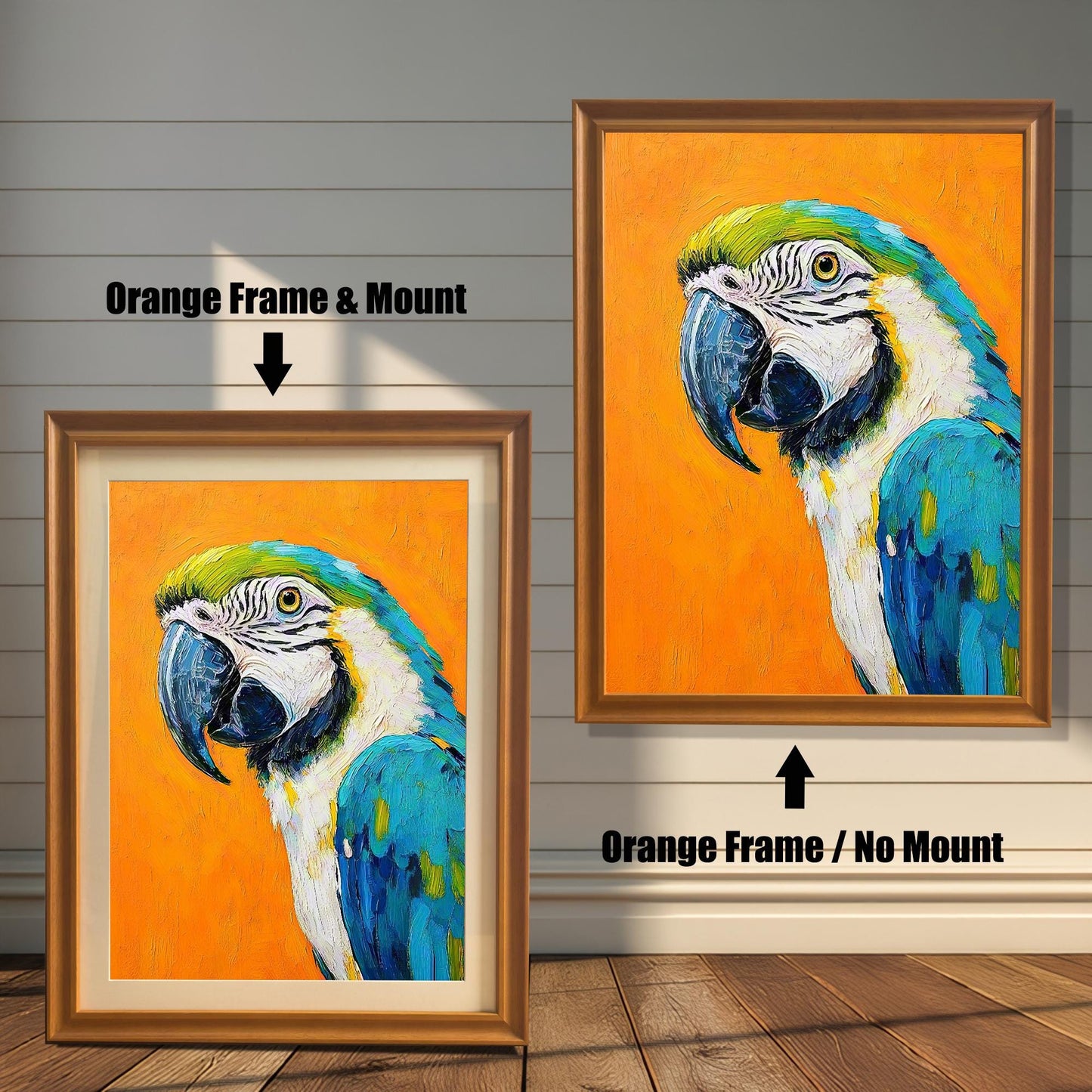Two versions of the same parrot painting. On the left, an orange-colored frame with a mount. On the right, the same frame without a mount.