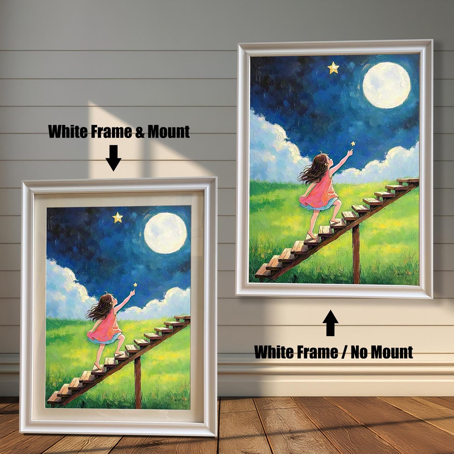 A painting of a girl climbing a ladder towards a moon and star, shown in a white frame with a mount and a white frame without a mount.