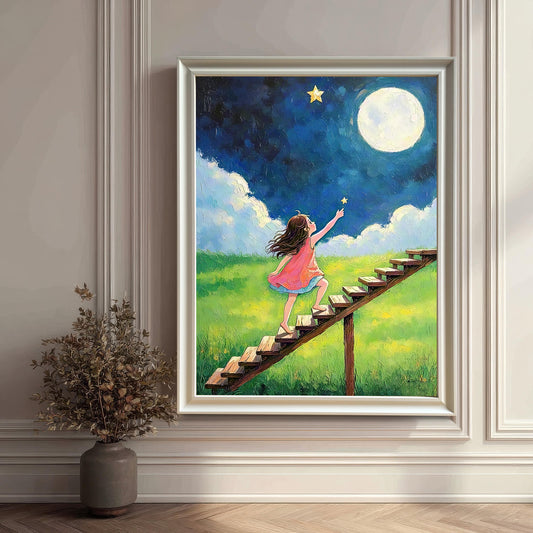 A framed painting of a girl climbing a ladder towards a moon, in a white frame, leaning against a white wainscoting wall next to a potted plant.