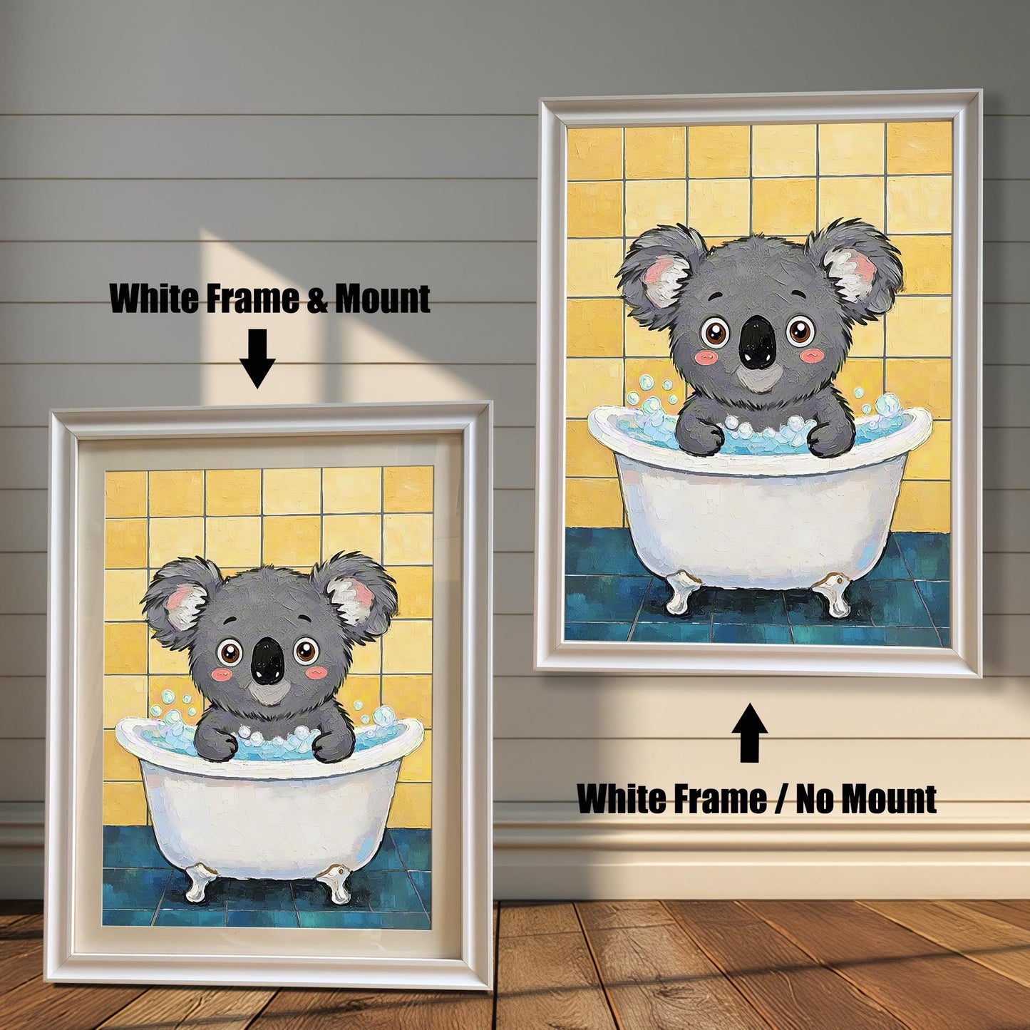Two views of the koala art print. On the left, a version with a white frame and mount. On the right, a larger version with a white frame but no mount.