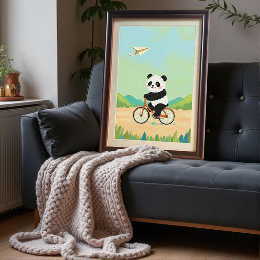Panda Bicycle Cartoon Art Print: Wood Framed Whimsical Kids Room Decor