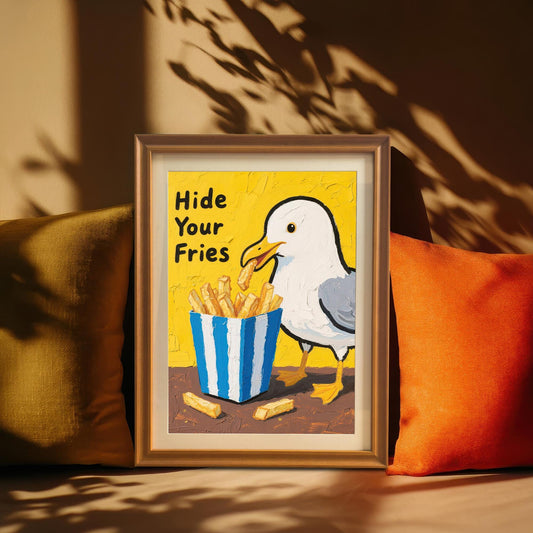 A framed print of a seagull stealing fries, with "Hide Your Fries" text, propped between two pillows. The frame is a warm, light brown. The image is a close-up, with shadows from a window or plant in the background.