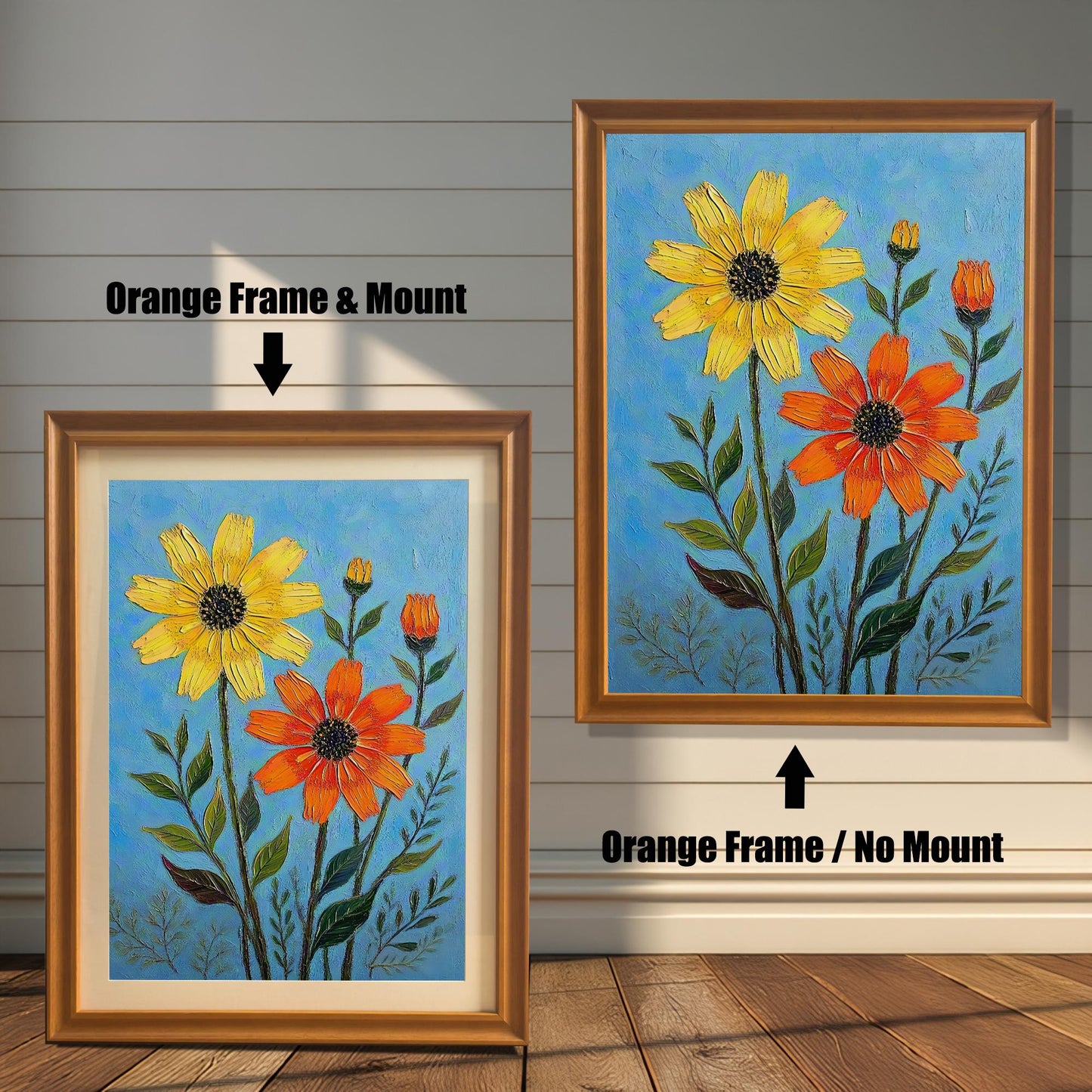 A side-by-side comparison of a floral print. On the left, the print is in an orange frame with a mount. On the right, it's in an orange frame without a mount.