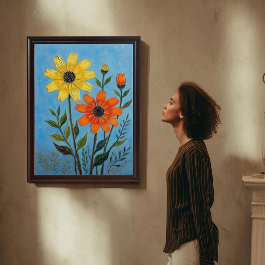 A person stands looking up at a framed print hanging on a textured wall, showcasing a painting of yellow and orange flowers on a blue background.