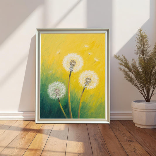 A framed dandelion print with a white frame leans against a white wall next to a potted plant, with sunlight streaming across the floor.