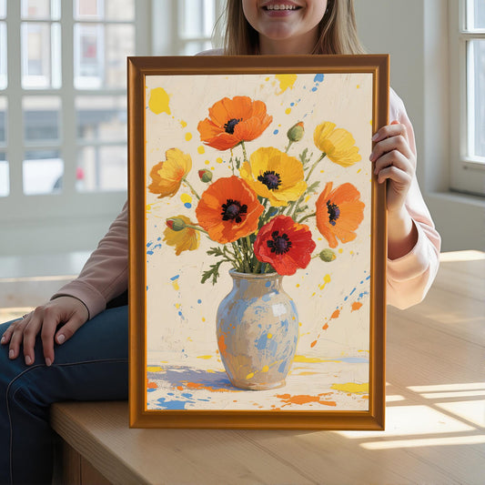 A person holding up a framed print of orange and yellow flowers in a vase, with a wooden frame and white mat.