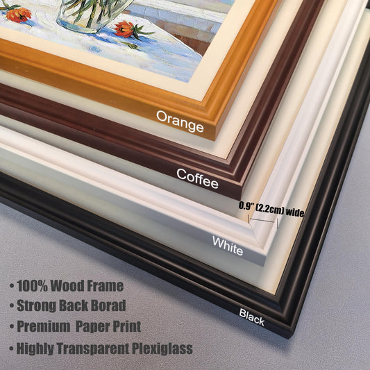 A close-up view of the four frame color options—Orange, Coffee, White, and Black—stacked on top of each other, with details on material and dimensions.