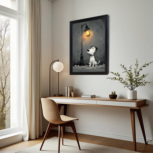 A black-framed painting of a dog under a street lamp hanging on a white wall above a wooden desk. A chair, lamp, and plant are also in the image.