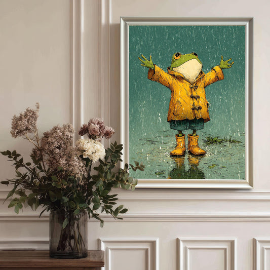 A cartoon-style painting of a happy frog in a yellow raincoat and boots, standing in the rain. The artwork is in a silver frame, hanging on a white wainscoting wall.