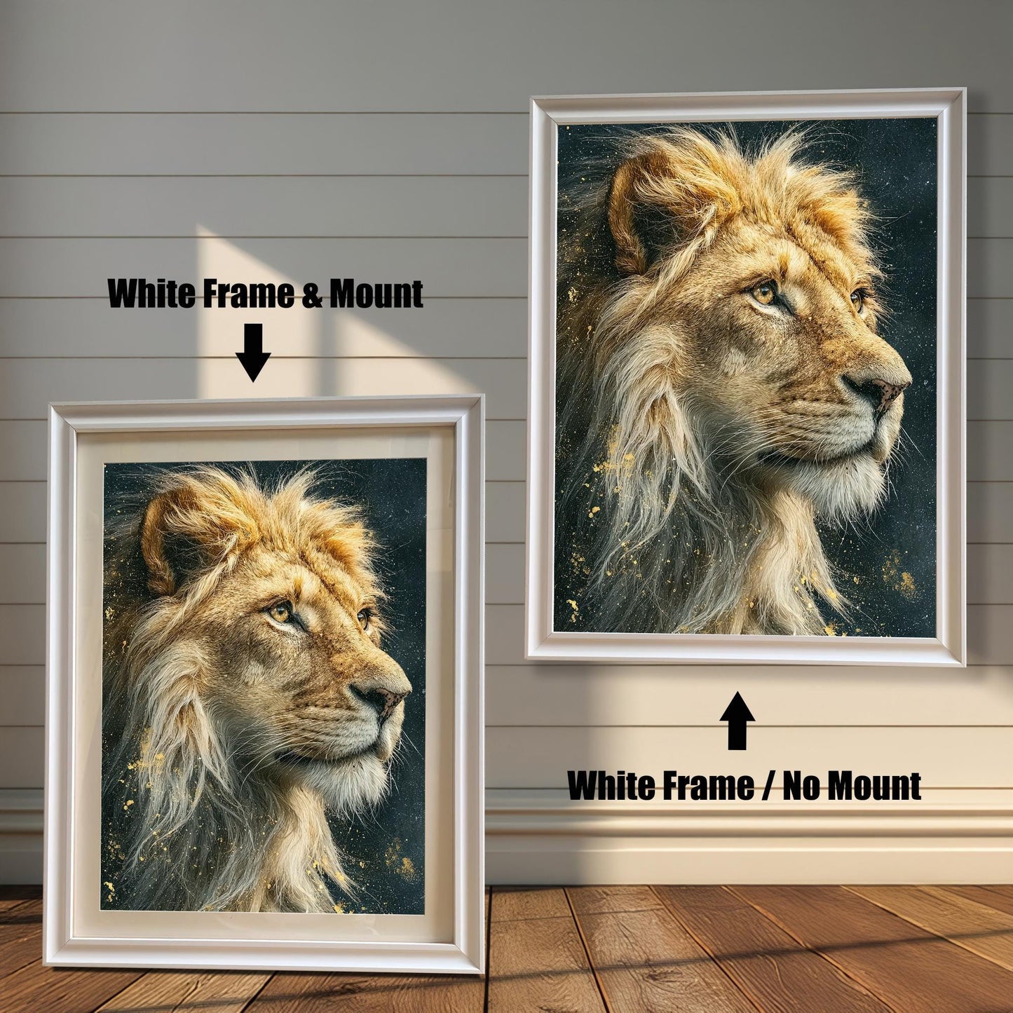 Two framed portraits of a lion's head. The painting on the left is in a white frame with a mat. The one on the right is in a white frame without a mat. Text labels indicate the framing difference.