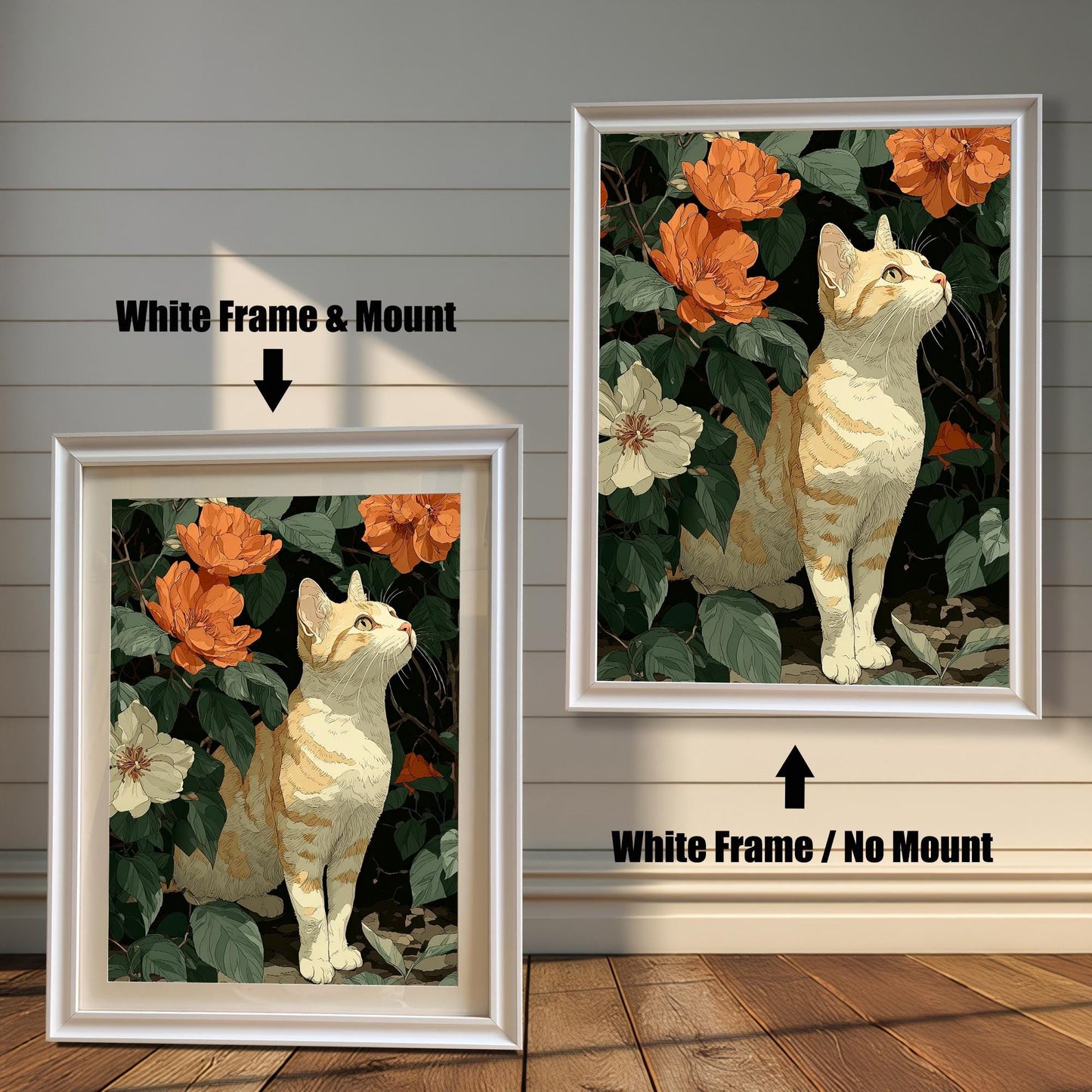 Two framed cat and flower prints side-by-side. The left is a "White Frame & Mount," and the right is a "White Frame / No Mount."
