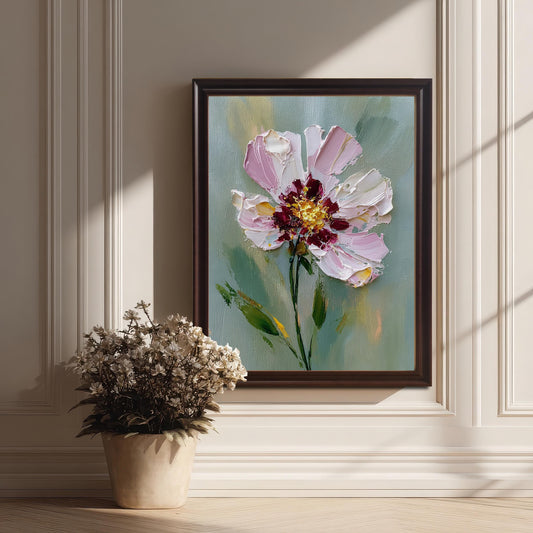 A framed art print of a textured pink and white flower with a dark brown frame, rests on a wood floor next to a white pot with dried flowers.