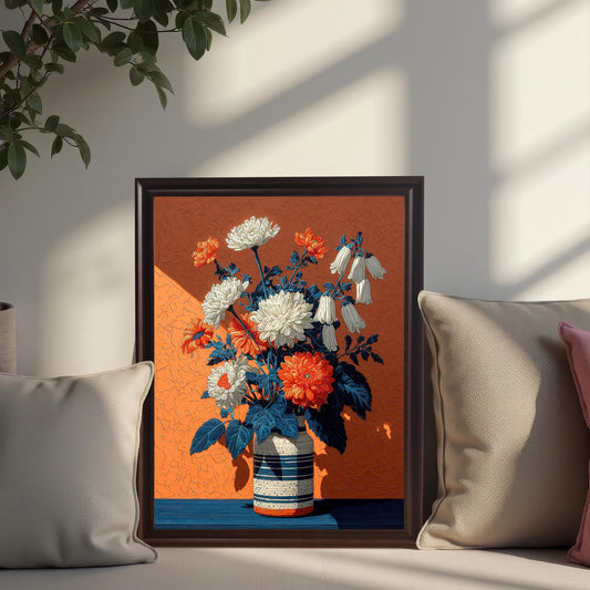 A framed, dark-framed art print of a floral arrangement in a vase on an orange background, propped between two pillows on a white couch.