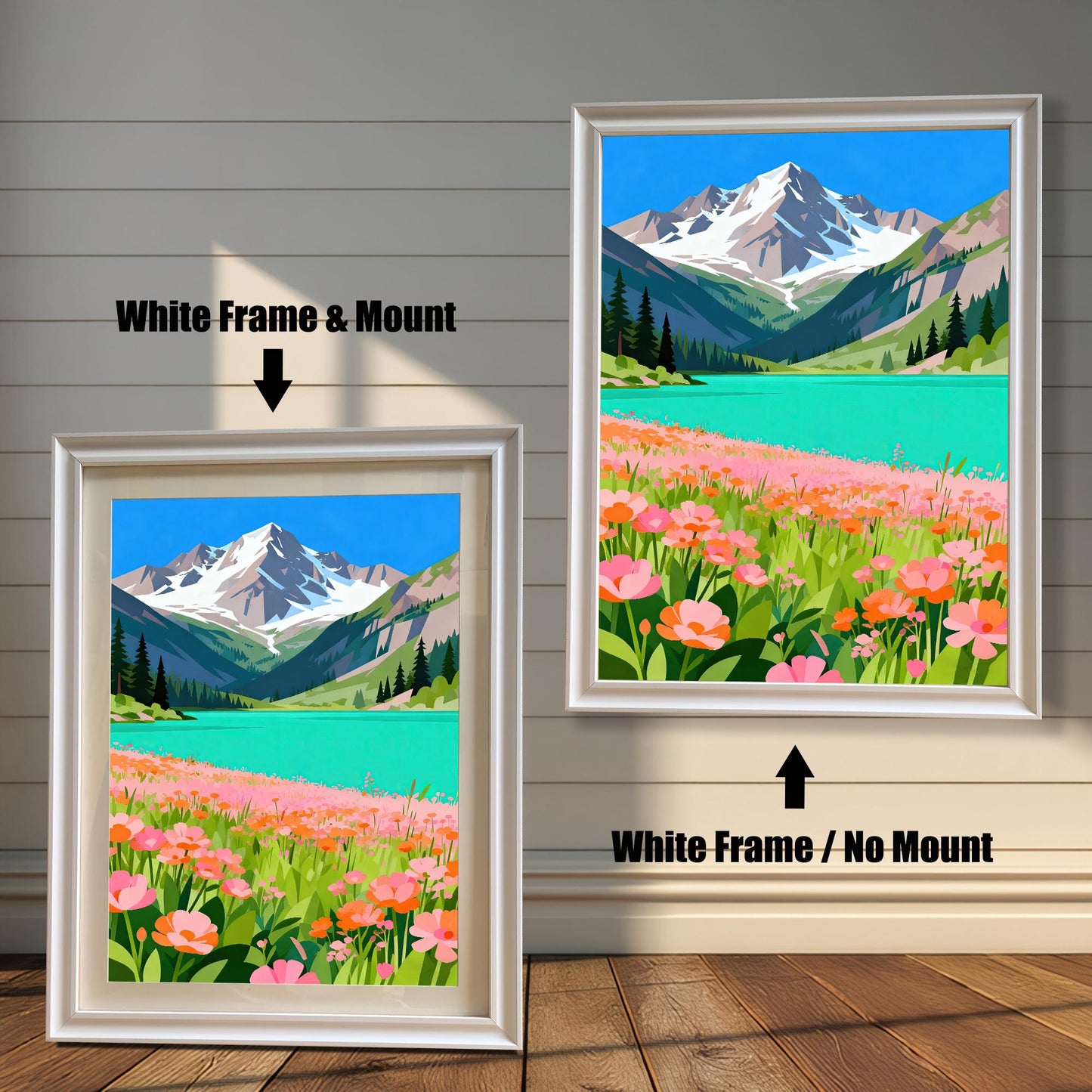 A side-by-side comparison of two white-framed prints of a mountain and lake painting. The print on the left is smaller with a mount (matting), while the larger one on the right has no mount.
