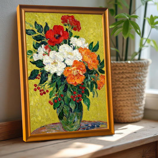 A painting of red, white, and orange flowers in a gold frame propped on a wooden windowsill next to a houseplant in a woven pot.