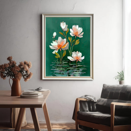 Framed watercolor-style water lily print in a Light Gold/Silver frame hanging on a gray textured wall above a wooden table and a dark leather armchair, in a brightly lit room.