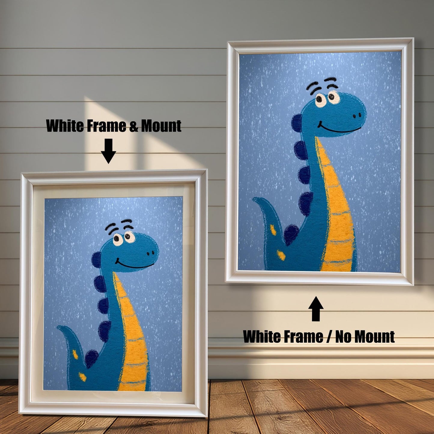 Comparison photo showing the dinosaur art print in white frames with and without a light-colored mat (mount). Arrows indicate "White Frame & Mount" (left) and "White Frame / No Mount" (right).