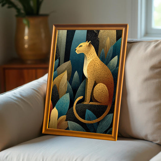 A close-up view of the leopard art print with a light orange-gold frame, resting on a white, textured sofa in a sunlit room.