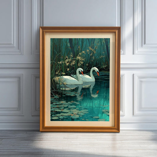Artwork of two white swans on dark turquoise water in an Orange wood frame, leaning against a white wainscot wall on a light wood floor with sunlight streaming in.