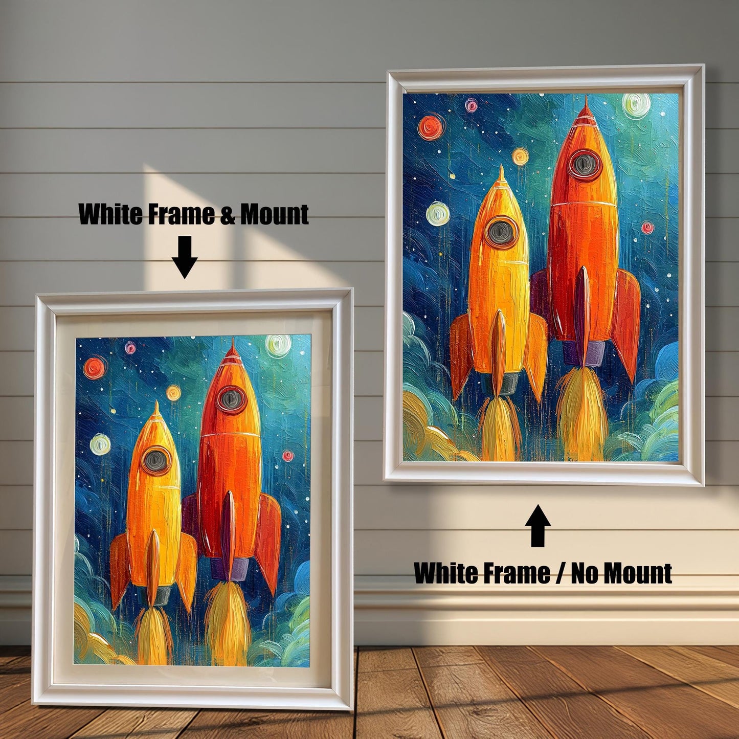Two framed rocket prints on a white wood wall. One has a White Frame & Mount (matting), and the other has a White Frame / No Mount. Arrows indicate the mounting difference.