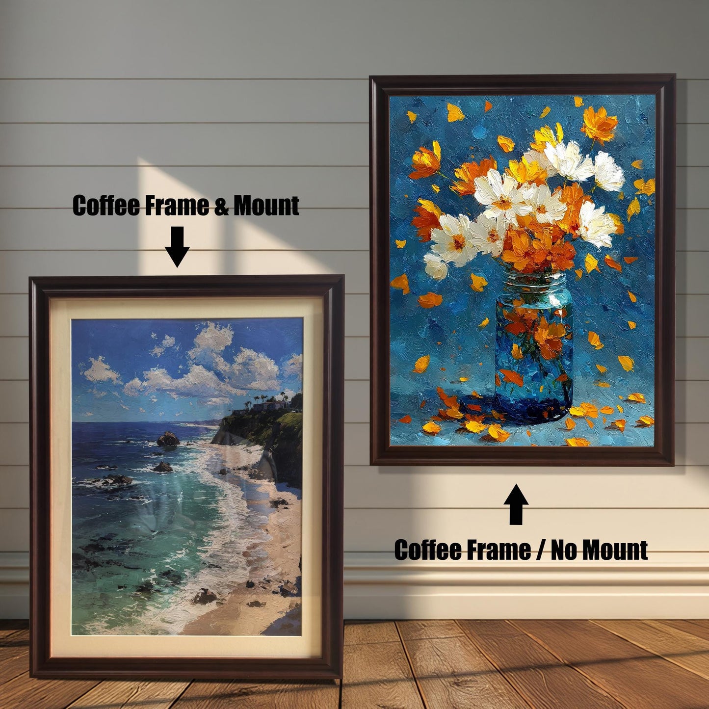 Two framed artworks with Coffee (dark brown) frames. The image on the left is a coastal landscape with a cliff and beach, shown with a Mount. The image on the right is a floral painting, shown with No Mount.