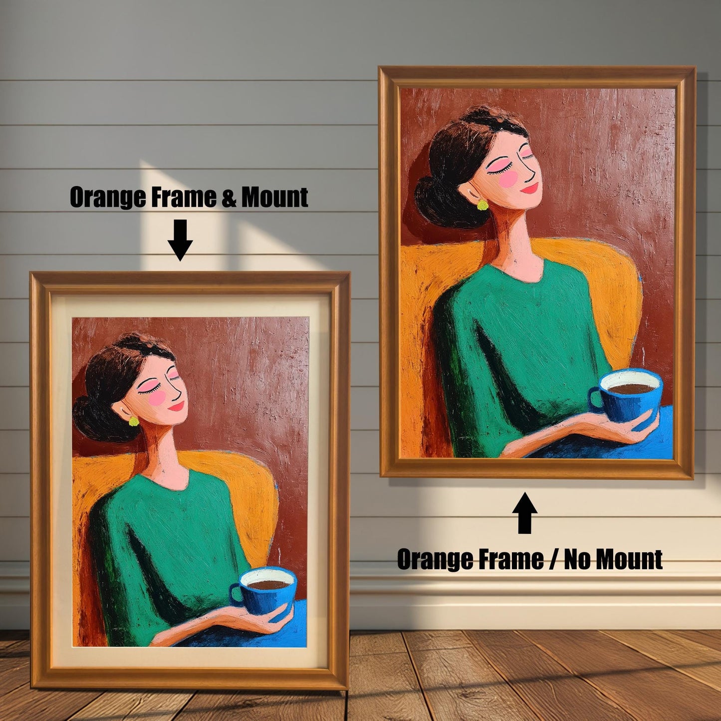 Two versions of the artwork, both with an Orange (gold) frame. The image on the left shows a Mount (white border) included, while the image on the right shows No Mount.