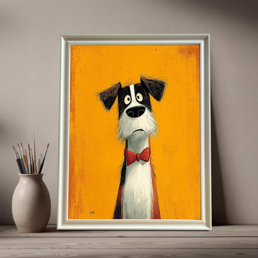 A framed print of the shaggy cartoon dog in a white/silver frame, leaning on a shelf next to a jar of paintbrushes.