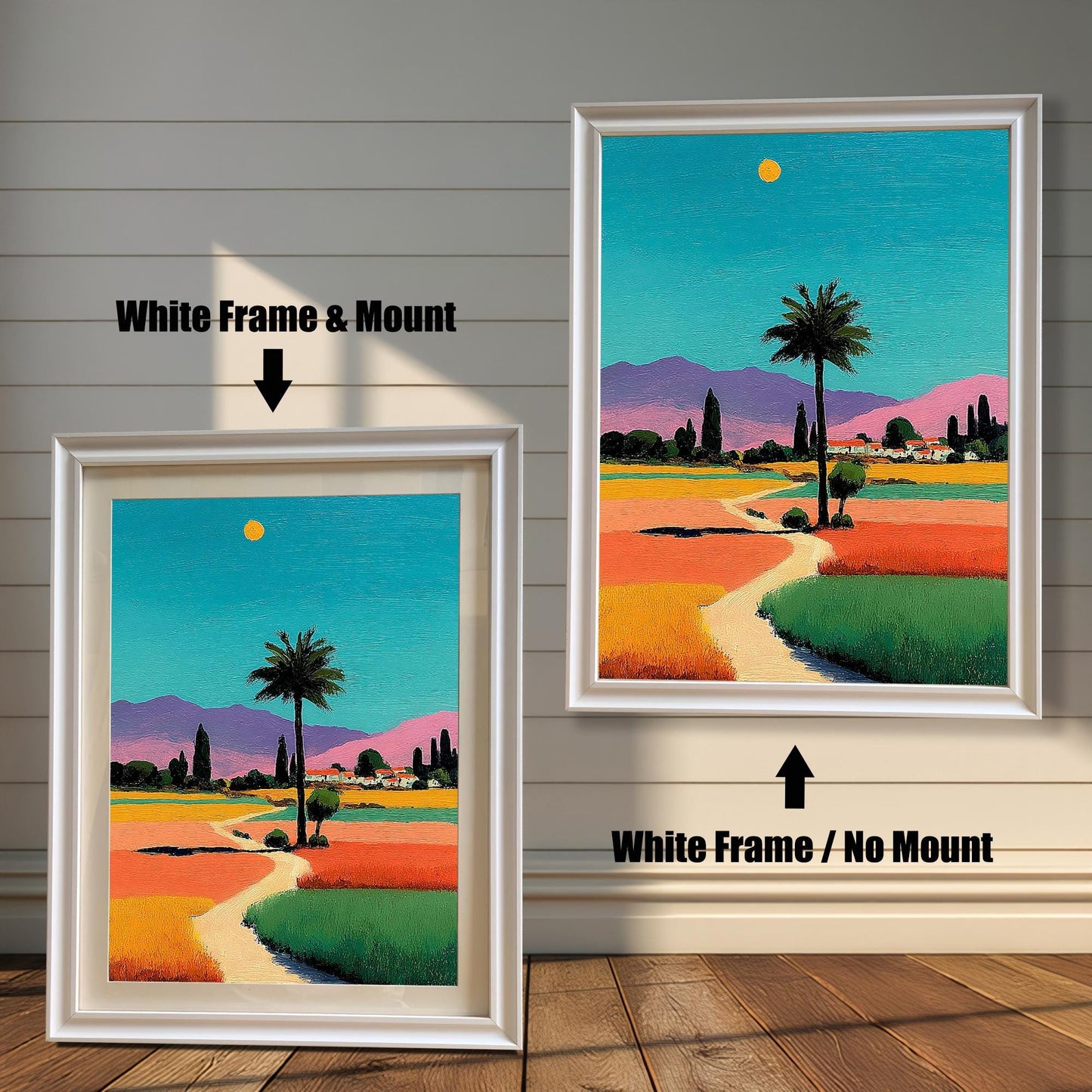 Two options for the framed art: one in a white frame with a white mount (mat), and one in a white frame without a mount.