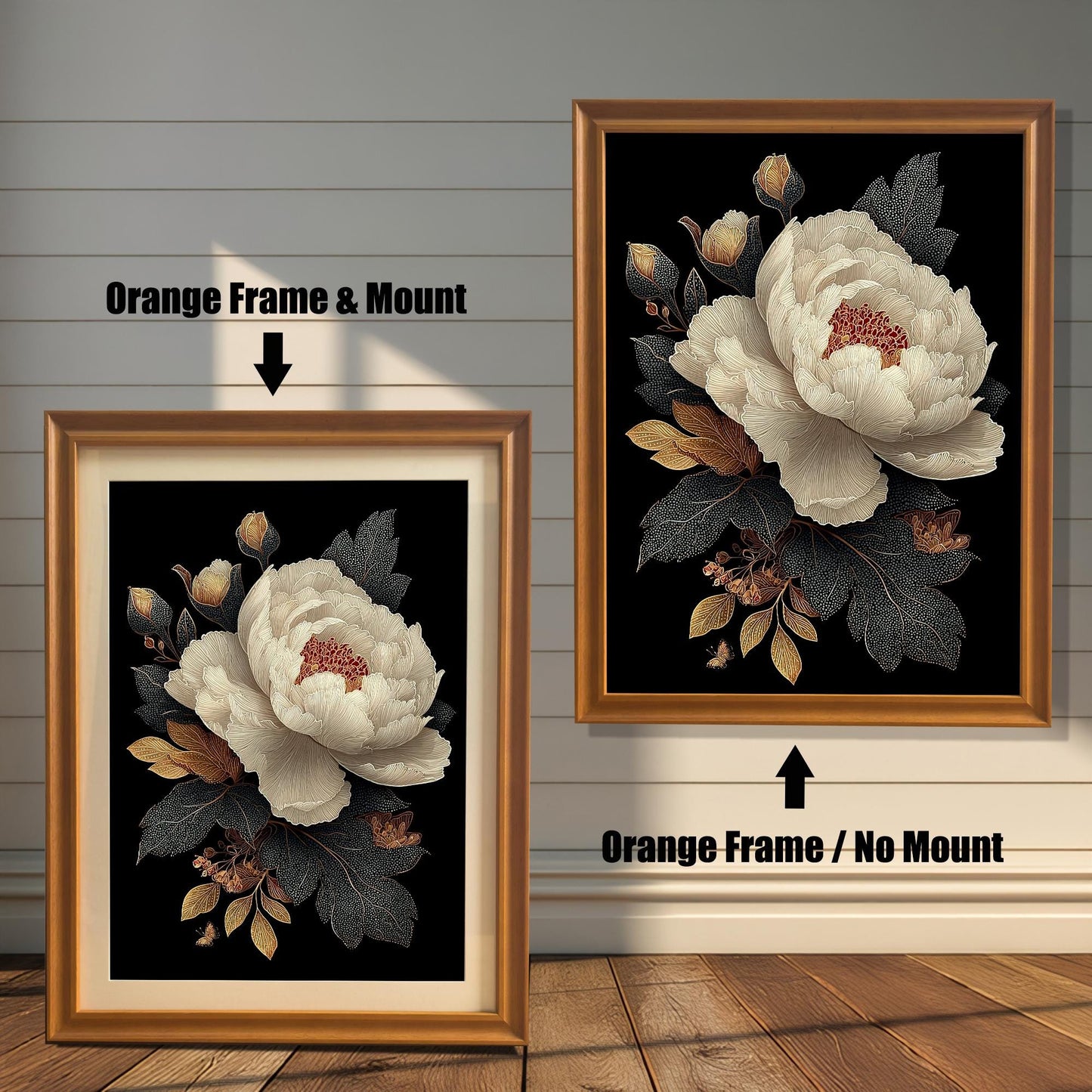 Comparison image of the artwork in an Orange Frame. On the left, a framed print with a wide light-colored Mount (mat) is shown leaning on the floor. On the right, the same print is shown hung on the wall with the Orange Frame / No Mount. Arrows indicate the frame's color and mount style for each.