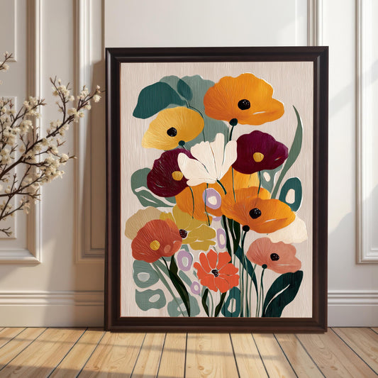 Abstract floral art print in a dark brown (coffee) frame leaning on a wooden floor against a white wall with wainscoting. A branch of white blossoms is visible on the left.